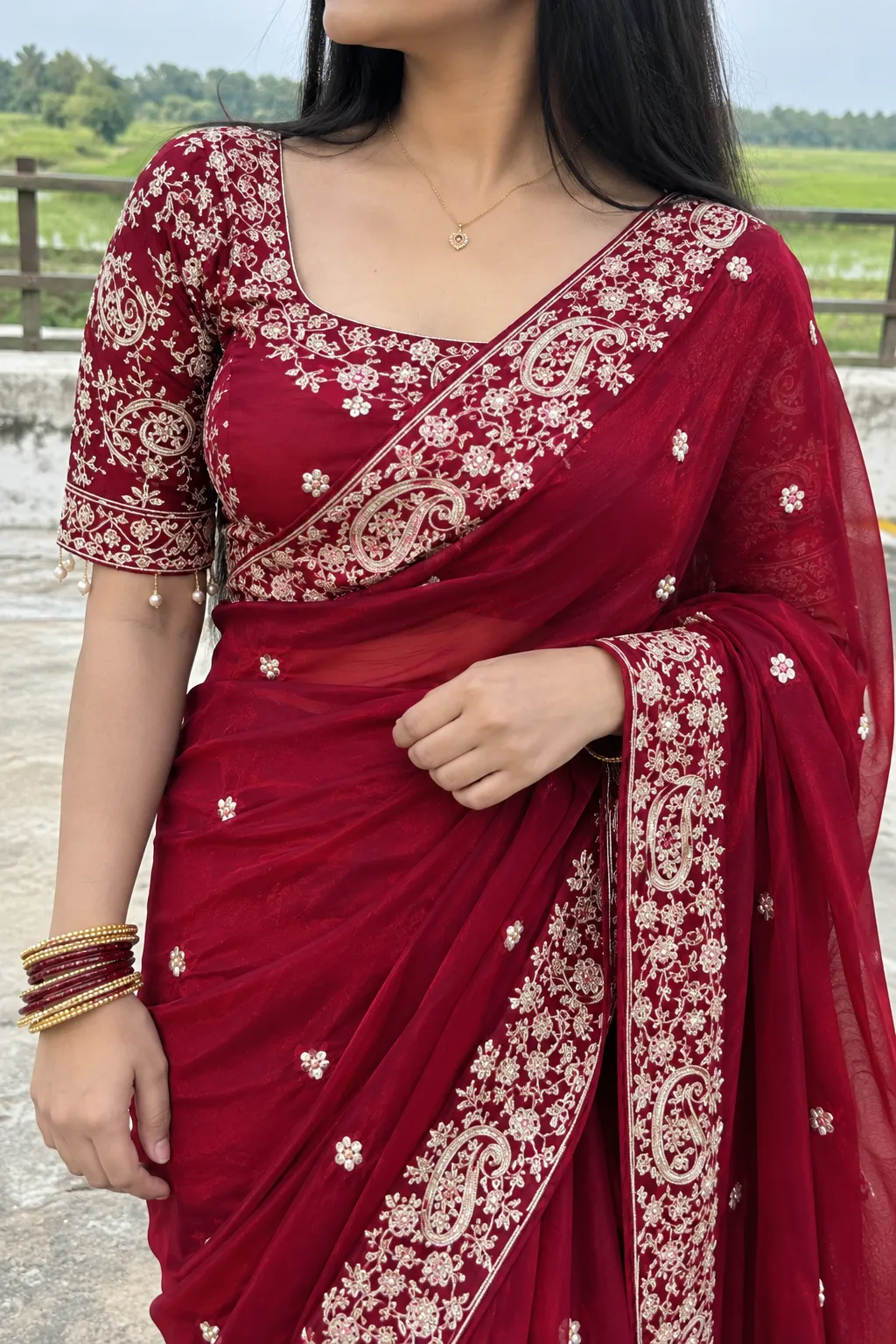 Premium Maroon Embrodered Daree