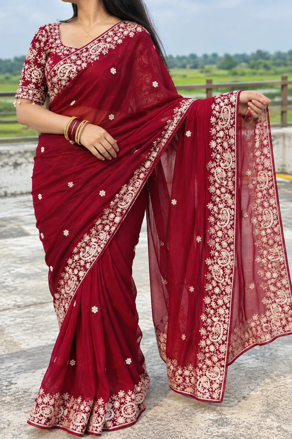 Premium Maroon Embrodered Daree