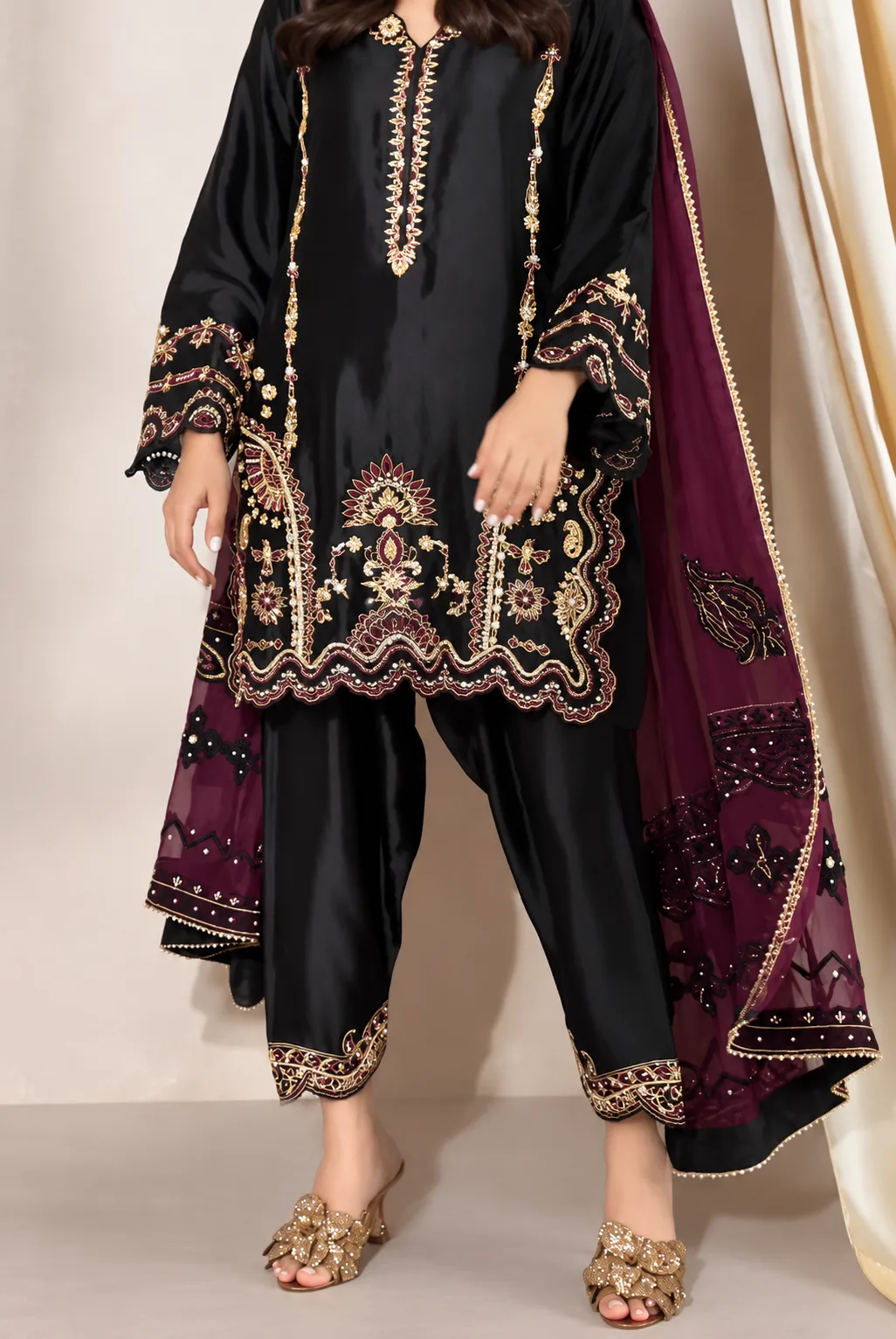 Black & Maroon Royal Embroidered 3-Piece Suit